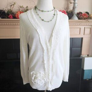 Fever 3/4 Sleeve Lightweight Knit Linen Cardigan L White Ruffle V-Neck Flower